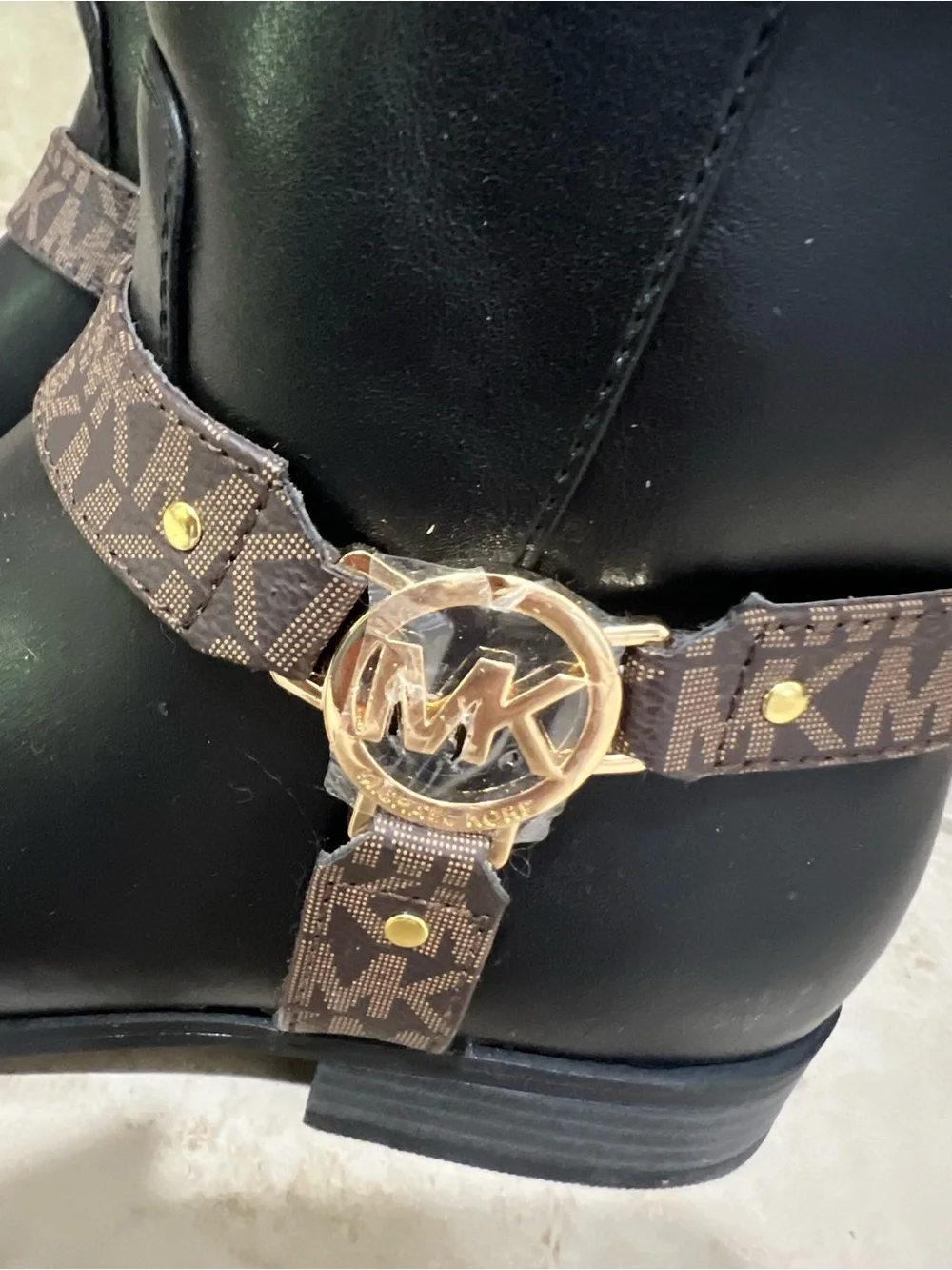 Michael Kors Black and Brown MK Logo Strap Knee Boots brand new